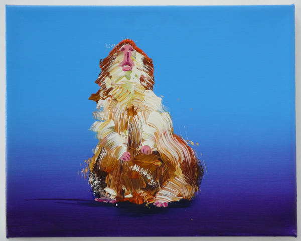 Against gradient blue background, abstracted white and brown guinea pig sits facing the viewer with chin raised as if howling.