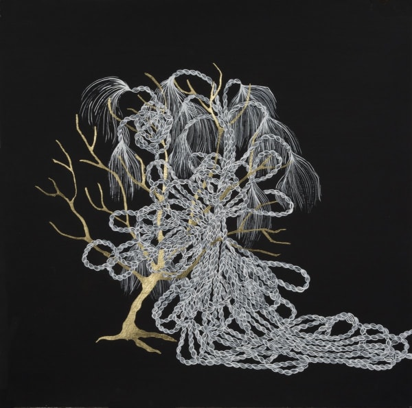 Gouache painting of a bare tree with gold leaf bark against a black background. White contours of several twisted ropes with frayed ends are tangled throughout the branches of the tree and droop down and over the right side of the ground