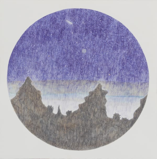 Large circular black and blue ballpoint pen drawing with washes of blue and brown watercolor create a starry night time mountainous landscape with a few silhouettes of trees