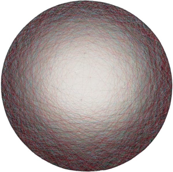 “Layers of multi-colored threads strung across a round wooden and plaster panel create the effect of a large glowing white center that is encircled by a dark maroon border”