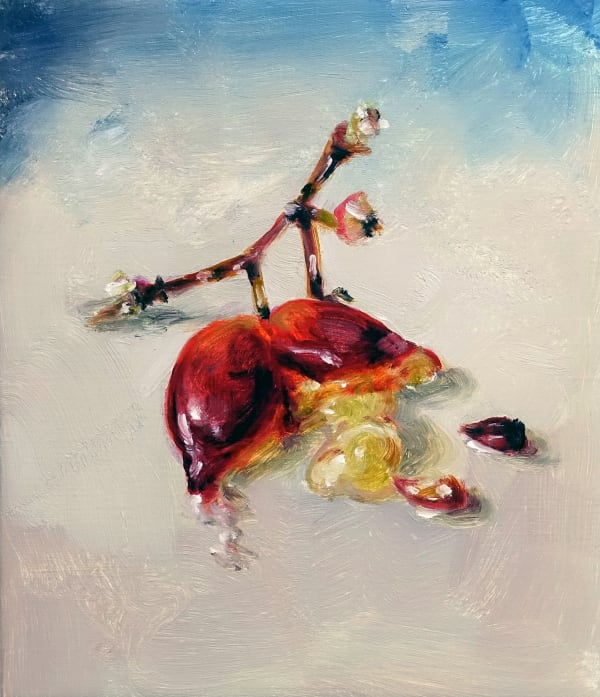 Two purple grapes attached to the stem have been smashed, their soft insides and seeds visible.