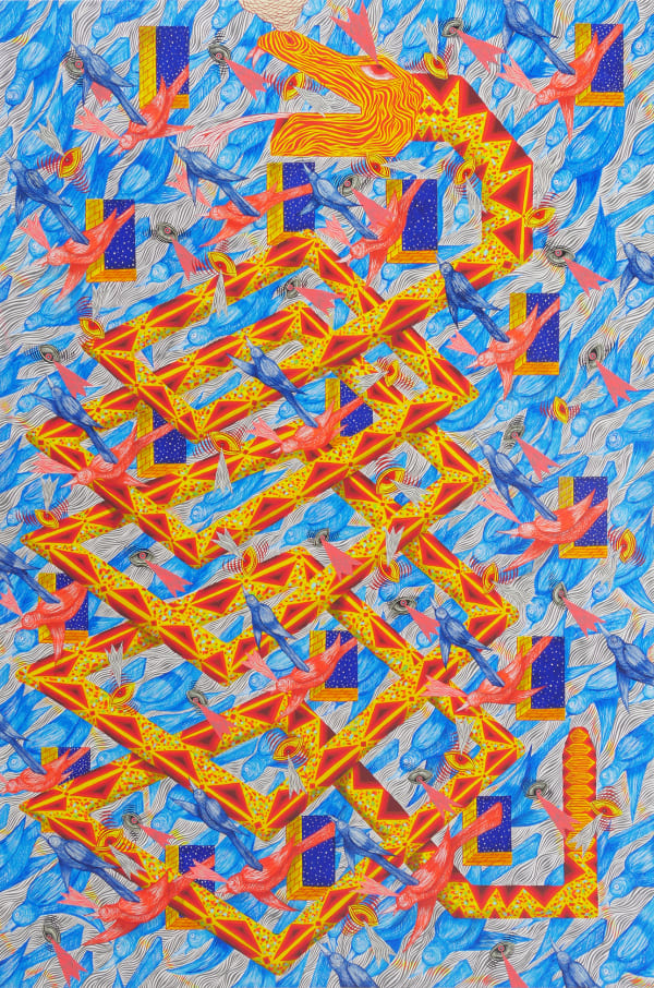 Thick layering of blue and red birds, yellow, red and gray eyes and wavy gray lines diagonally criss-crossing canvas. Interspersed windows open to night sky. Red and yellow geometric snake intertwines with background.