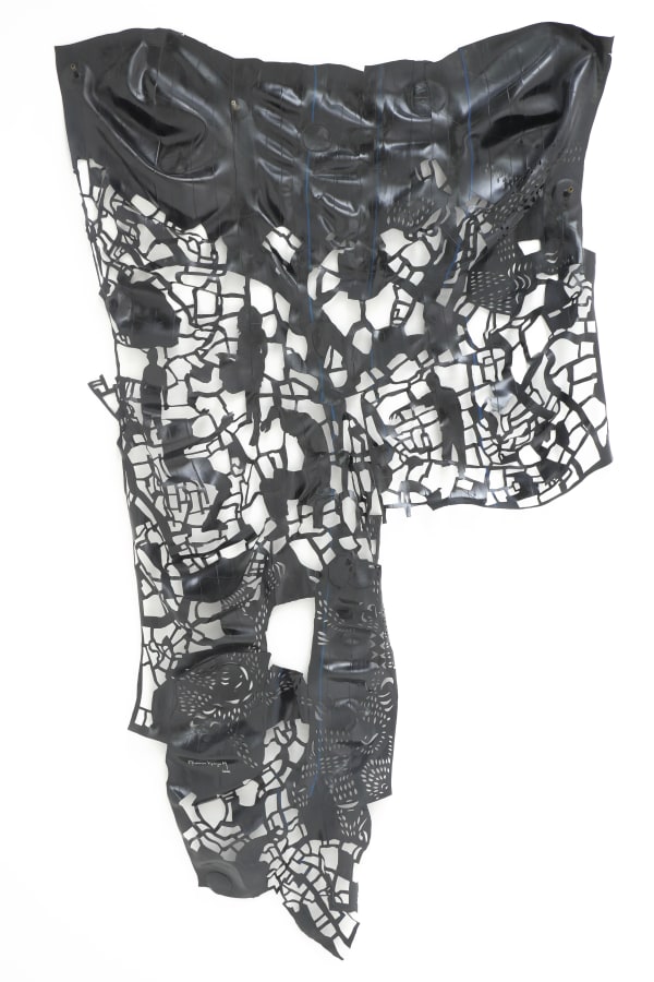 Alexandre Kyungu Mwilambwe The Scar of the Earth II, 2022 cut rubber (car tire inner tube) 69 3/4 x 47 1/4 x 3/4 in 177 x 120 x 2 cm