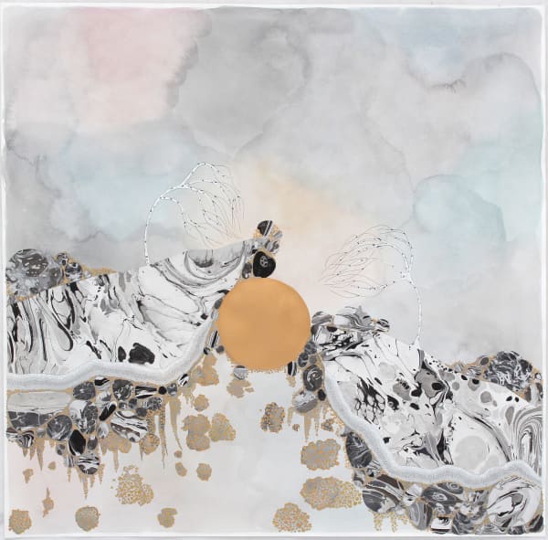 Mixed media landscape with black and white marbled mountains At the bottom center of the piece a gold metallic moon is held in between two mountains Two slouching bare birch trees grow on top of the mountain against a light pink yellow blue and gray watercolor washed sky