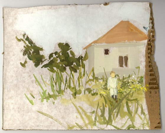 Small faceless person in white robe stands in tall weeds in front of a house to the right side of the composition. On the far left, the edge is exposed ripped cardboard.