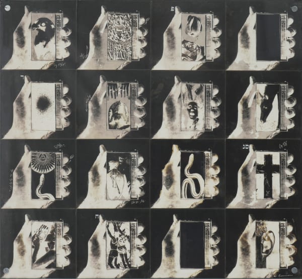 4x4 grid of negatives of hand holding pocket transistor radio, with different image on radio in each square