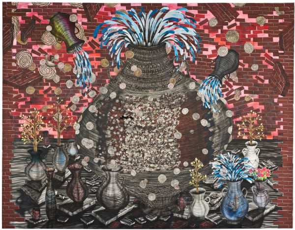 Water squirts out of large ornately patterned gray vessel. Miniature vessels also spout water or grow plants. Vessels are set against crumbling brick background.