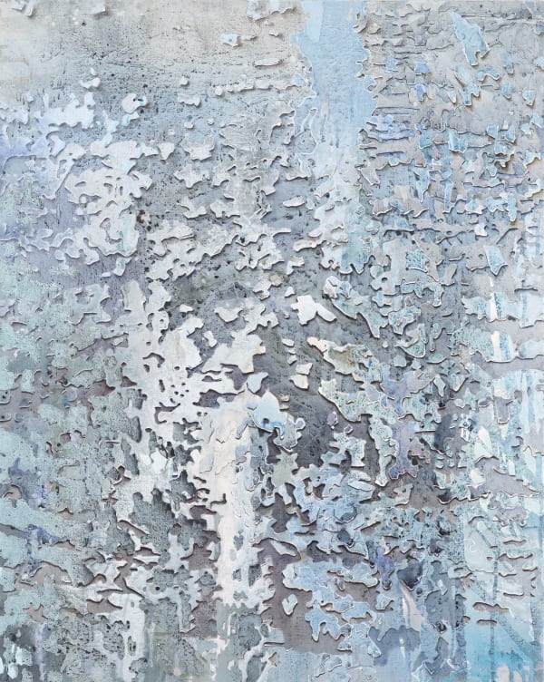 Iceberg-like chunks of paint in white and light blue are layered against gray and blue background, creating sense of texture, depth and three-dimensionality.