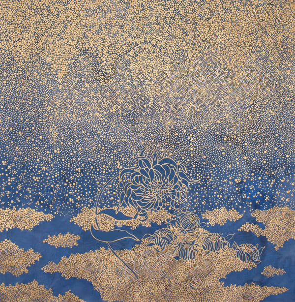Mixed media piece of golden dots raining down from the top of the piece and onto several gold metallic floating pointillism clouds against washes of deep royal blue. Five golden contours of chrysanthemum buds float on top of one gold cloud while a much larger and fully bloomed chrysanthemum slouches at the the bottom center