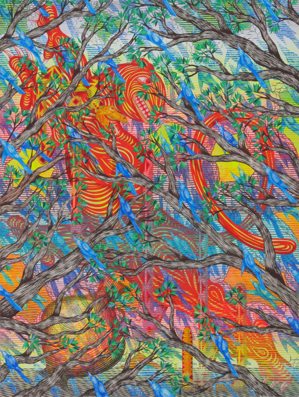Orange and yellow beast and multi-colored striped background occluded by branches with leaves and multiple blue birds flying diagonally upward.