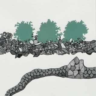 Mixed media landscape of two grayscale glittery stone walls. Amongst the upper wall three green blue gouache shrubs sprout up and over areas of the wall