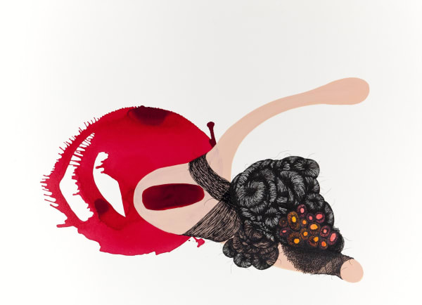 Wishbone-shaped yonic hairy figure attached to hairy bundle of small orange and pink eggs against a red, blood-like stain with plain white background.