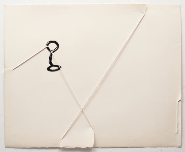 White paper with black print of metal screw with eyelet with string coming through eye and around and through page.
