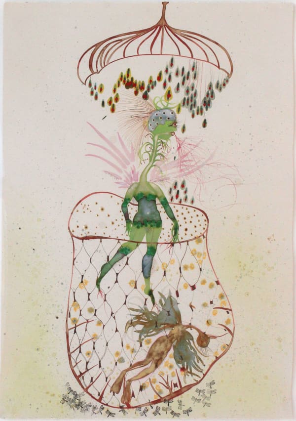 An image of a green beast under an umbrella of fruit.