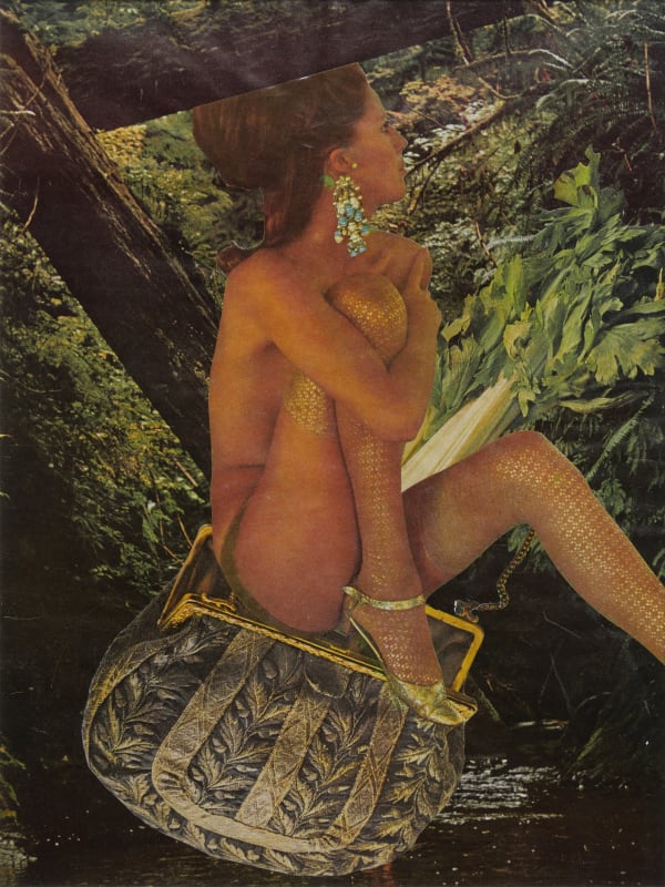 Paper collage of various cut outs from early nineteen eighties magazines create the surreal scene of a nearly naked white woman with lavish earrings, stockings, and silver high heels sitting in the middle of a forest. Underneath the woman a large green coin purse is partially opened and to the left a large celery stalk is visible