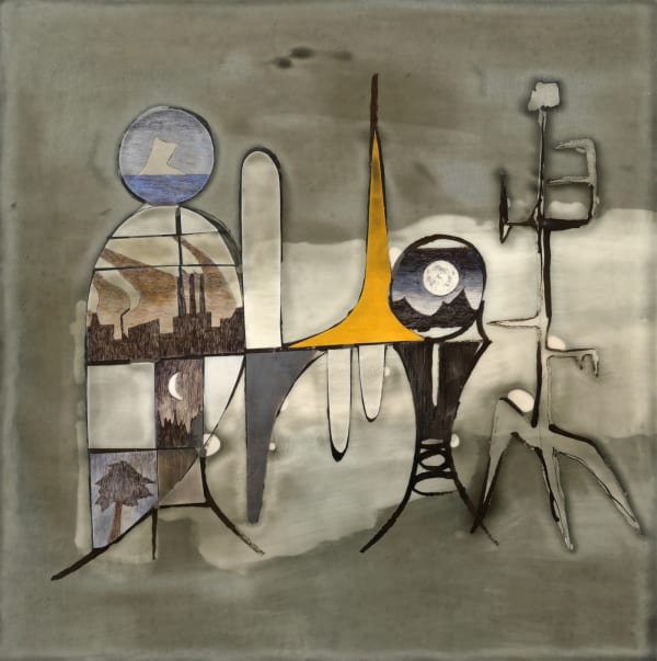 Predominantly black and white mixed media piece depicting a geometric figure made out of interspersed cut out black ballpoint pen landscape drawings, multi-colored painted shapes and black lines. A green gray and off white wash creates a simple background and the entire piece is covered in a textured bio-resin