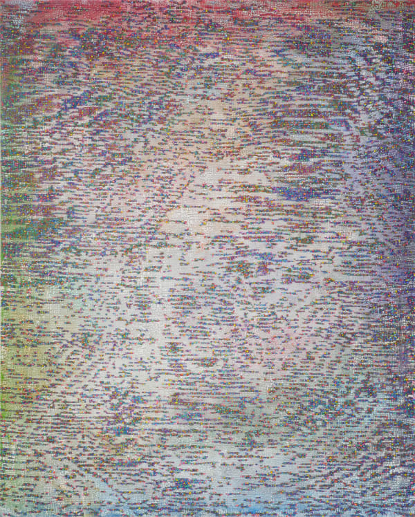 A multicolored abstract painting with fingerprint-like line work.
