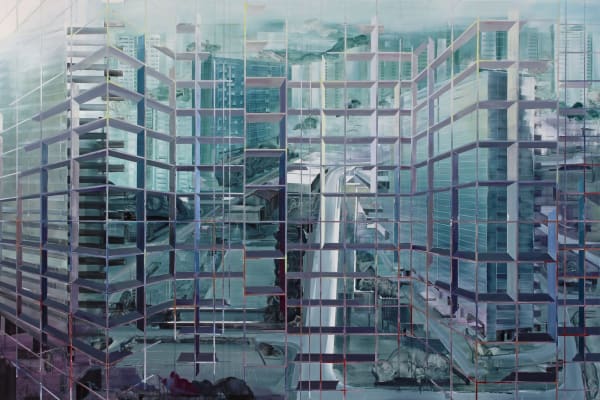 Abstract green and blue urban landscape with multiple high rise buildings and streets A grid of alternating thin and thick horizontal and vertical lines form the illusion of foreground scaffolding