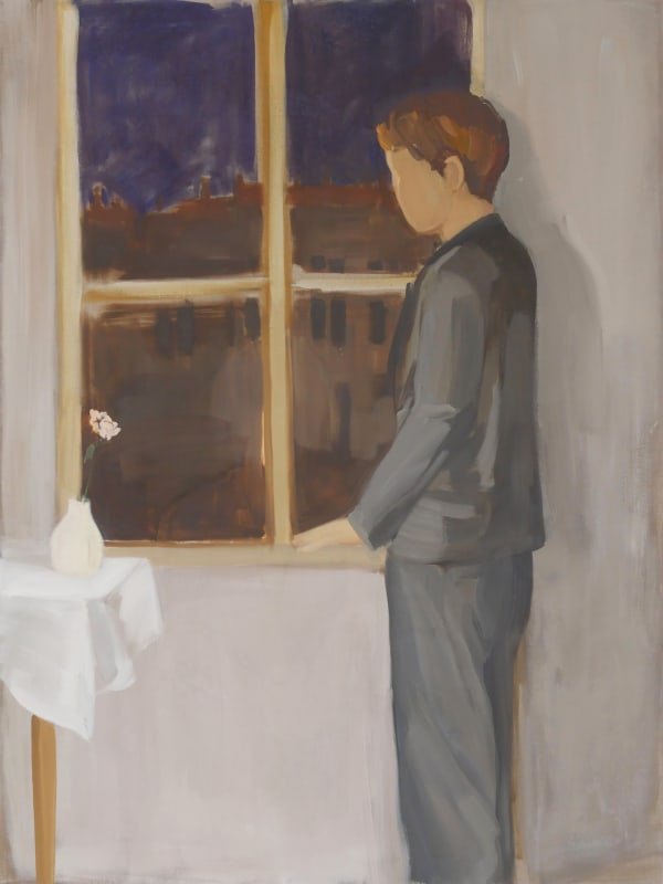 Faceless boy stands at window overlooking cityscape and night sky. To his left is a table with a single pink flower in a vase.