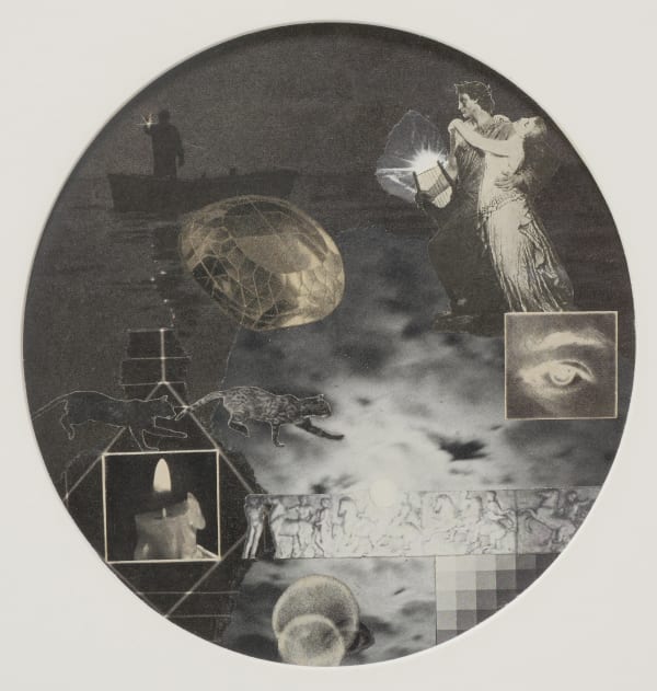 A greyscale and sepia-tone tondo collage on beige mount.