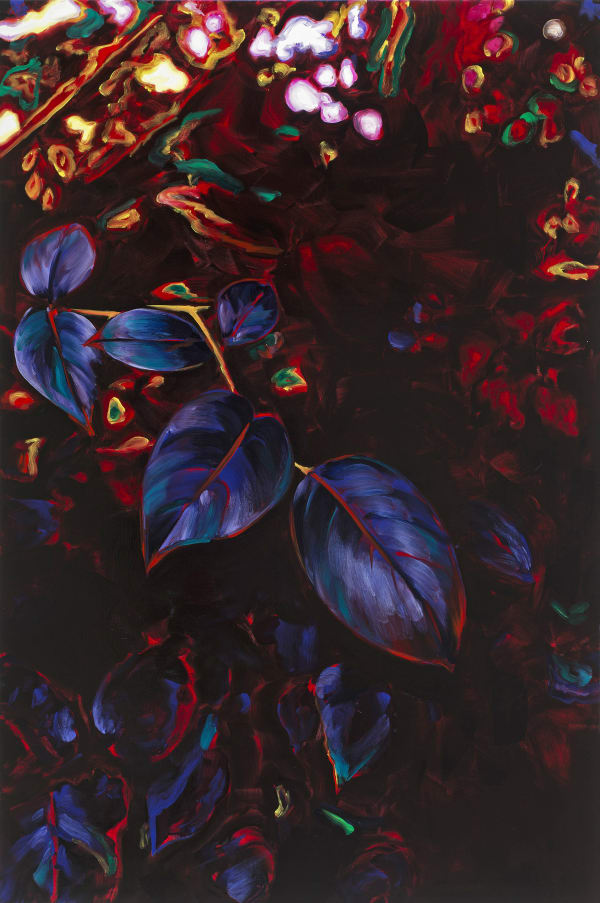 Leaves and flowers in neon color scheme contrast with dark background.