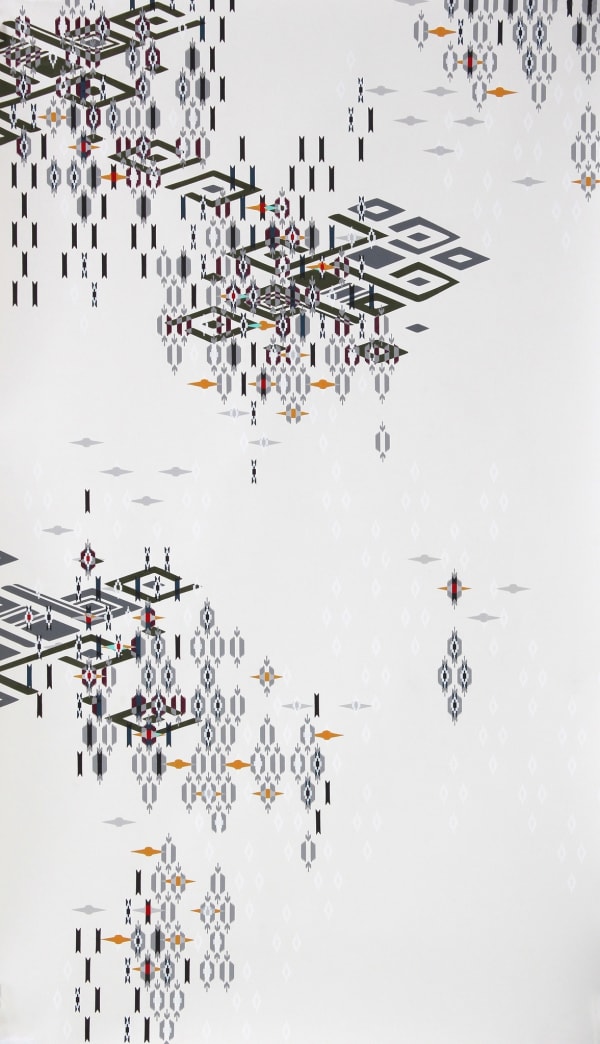 Black gray and multi-colored intricate diamond patterns referencing various indigenous textile patterns overlap and cascade down the length of a light gray piece of paper