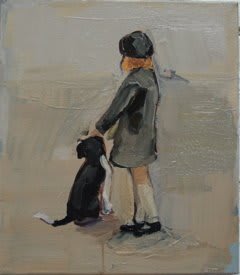 Young girl with red hair wearing coat and hat is turned away from viewer and is petting a black dog against a gray background.