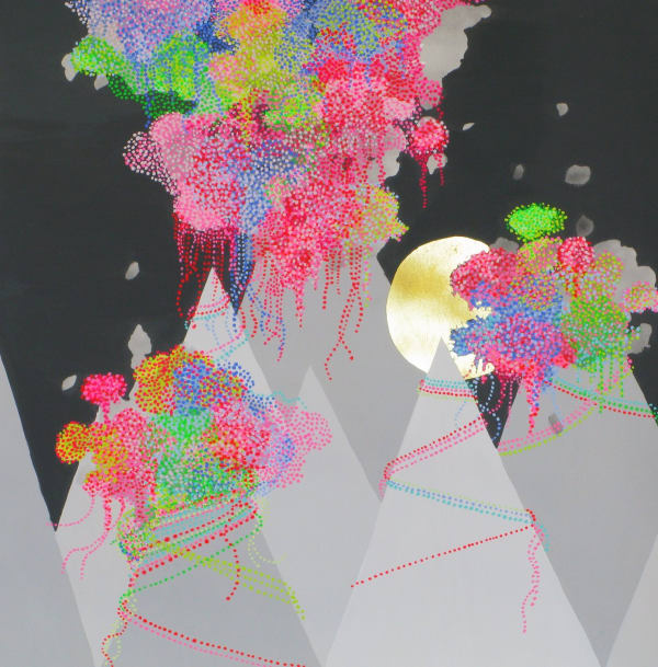 Mixed media mountainous nighttime landscape. Vibrant multicolored pointillism clouds group and wrap themselves around the tips of several gray triangular mountain tops while a gold leaf moon shimmers behind at the center right of the work