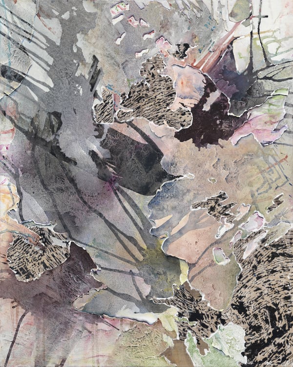 Dark brown and light green paint appears to be dripping up canvas and off to the sides. On top, jagged shapes in solid black and black and tan stripes layer over dripping effect.