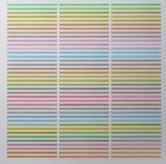 Thin bright multicolored horizontal lines against white negative space background. Sets of horizontal lines are broken into three columns, separated by two vertical white lines.