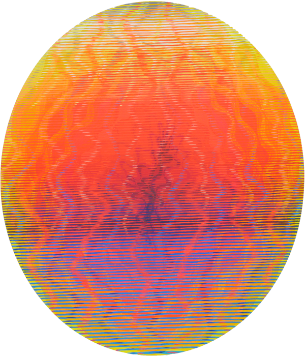 Elliptical painting with thick, vertical, wavy lines overlaid with thin, horizontal, straight lines. Straight lines highlighted to create illusion of vertical, thin, wavy lines. Amalgamation of dark red, squiggly lines in center.