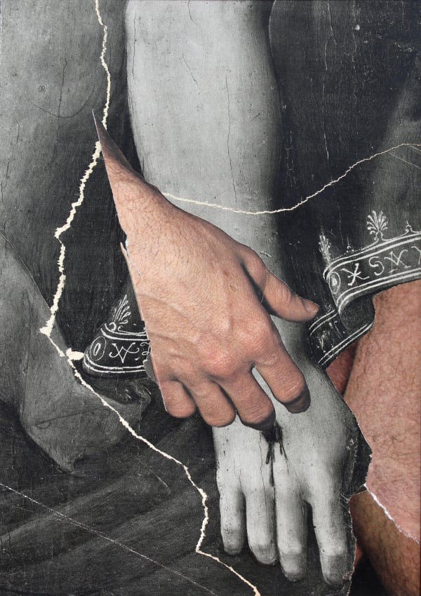 Black and white hand with wound through the center (Christ’s crucified hand). A separate skin-colored hand touches the wound of the other hand.