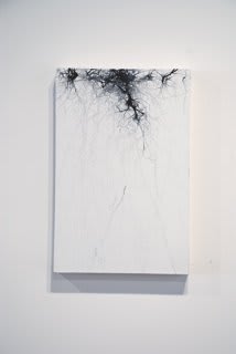 Multiple hasty black ink brush strokes along top of the canvas with white painted background