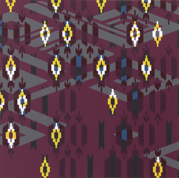 Multi-colored patterns overlap on a dark maroon painted panel The patterns reference various Indonesian ikat patterning and other indigenious textile work