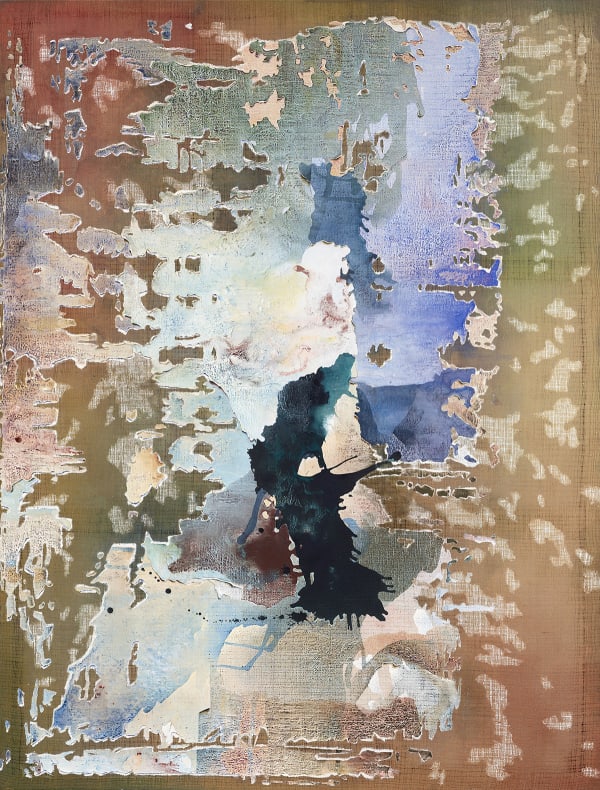 On top of pastel background, dark red and tan paint seeps onto canvas from sides and top. Dark turquoise shapes are also layered on top of pastel background.