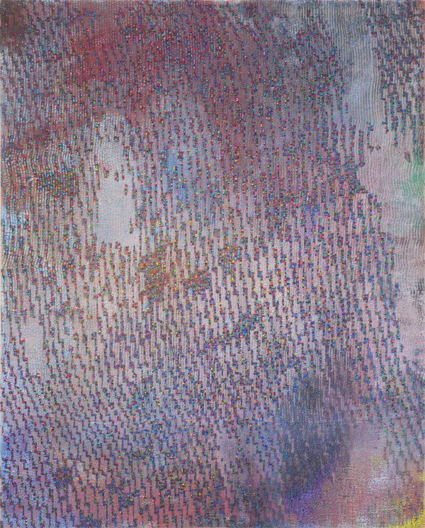 A multicolored abstract painting with mostly vertical line work.