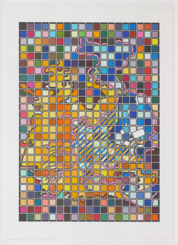 Bright multicolored squares in a vertical, rectangular grid create a topographical image of Mexico City and Lake Texcoco