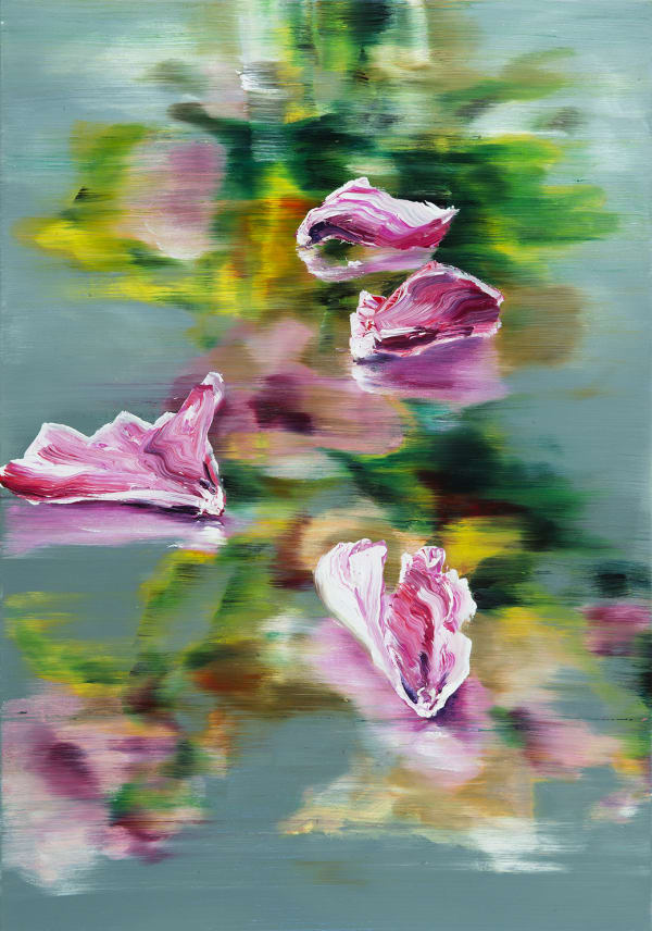 Four fuschia flower petals float over blurry colorful floral green, yellow and turquoise background.