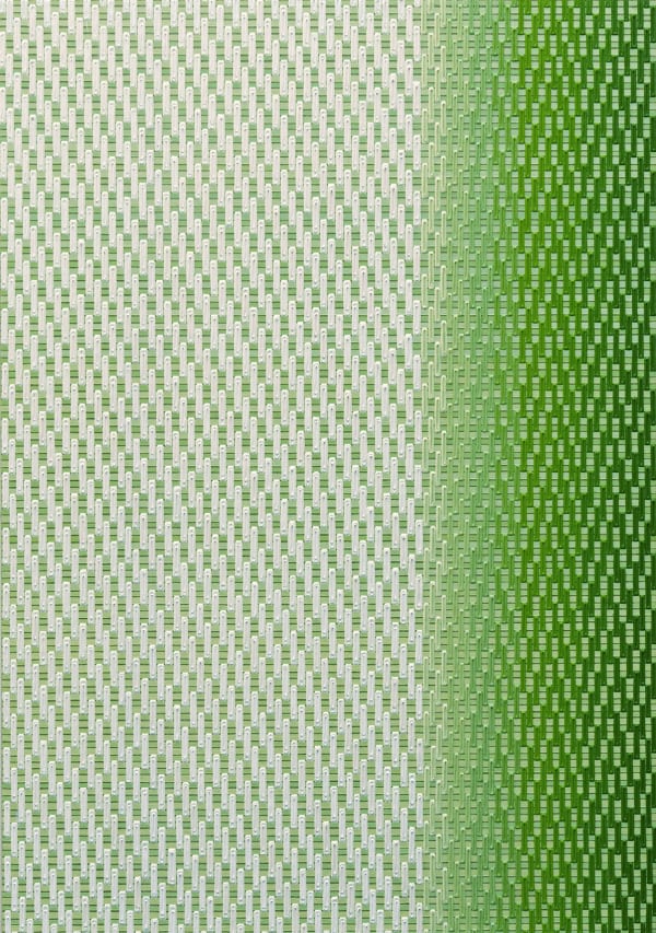 Heavily layered and textured green and white oil paint on linen creates a vertical ombre pattern in which the white on the left fades into a deeper green as it approaches the right The pattern is inspired by a quote from the historical novel Tale of Murasaki written by Liza Dalby in which the protagonist recalls the spring silk patterning worn by courtesans also called Willow