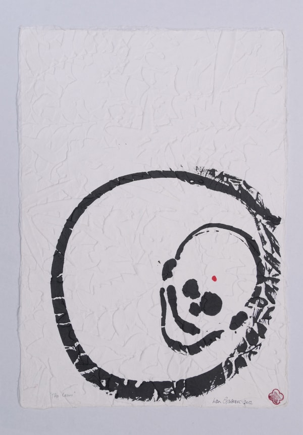 Hasty black ink brush stroke that thickens at the bottom and forms a circle at the end of the wrinkled paper Inside the circle and to the right several black ink lines and splotches form an abstract human face