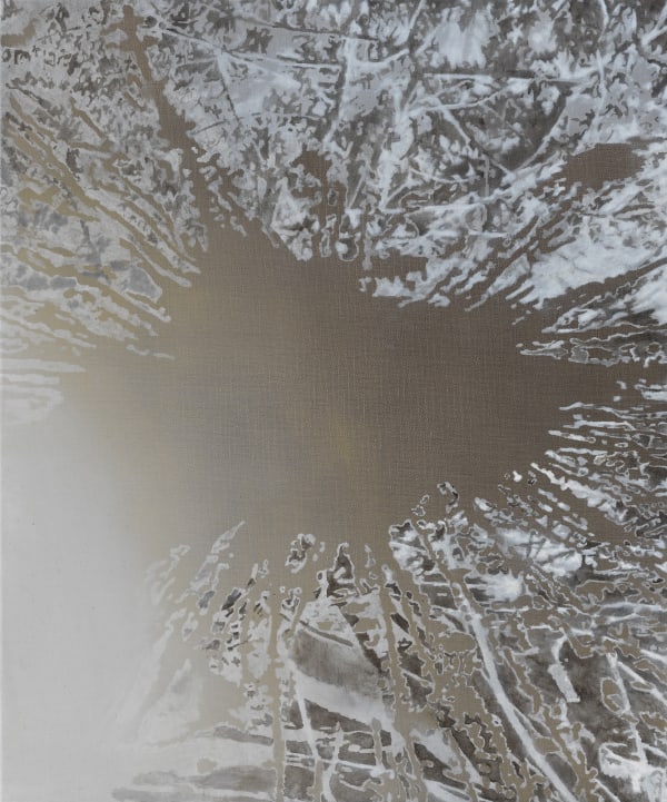 A gold colored spiked shape dominates the composition with spikes radiating to all edges of the canvas. Beneath the spiked shape, there’s a chaotic background of criss-crossing white and gray lines.