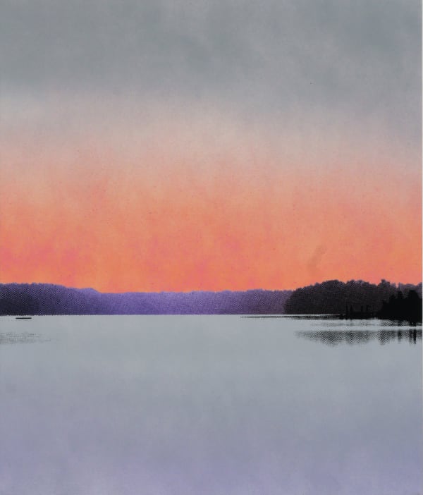 Multiple silkscreen layers of multi-colored paint form a constructed landscape of a blurry and highly pixelated distant riverbank with a sunset