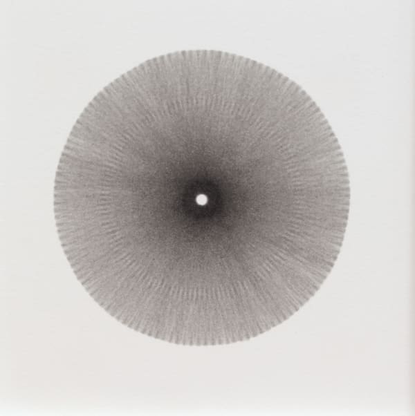 Gray rays shoot out from a small white circle, creating an outer gray ring. The rays are darker close to the inner circle and become lighter as they stretch out towards the white background.