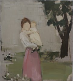 Faceless mother wearing a long red skirt and white blouse holds her faceless young baby against her body in front of a grassy background with a tree to the right.