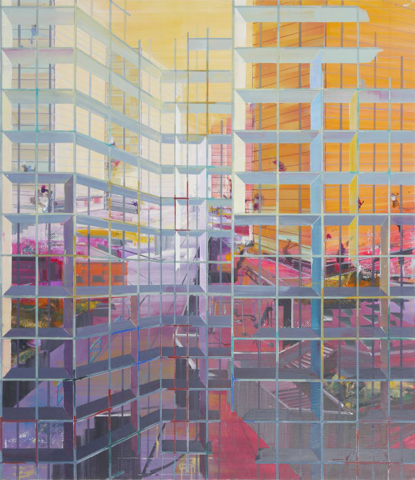 Vibrant sunset-colored abstract urban landscape with several high rise buildings staircases and streets A grid of alternating thin and thick horizontal and vertical lines form the illusion of foreground scaffolding