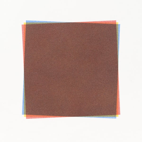 Around the perimeter of a brown square made of tiny dots, lines in blue and red overlap with yellow to create orange and green offset lines, set against white background.