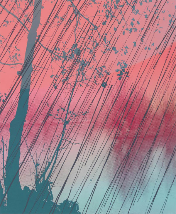 Multiple silkscreen layers of pink purple and blue form a constructed landscape of a blurred and heavily pixelated river bank. In the foreground to the left of the piece is a faded dark turquoise silhouette of a thin tree and in addition several thin purple diagonal lines allude to falling rain