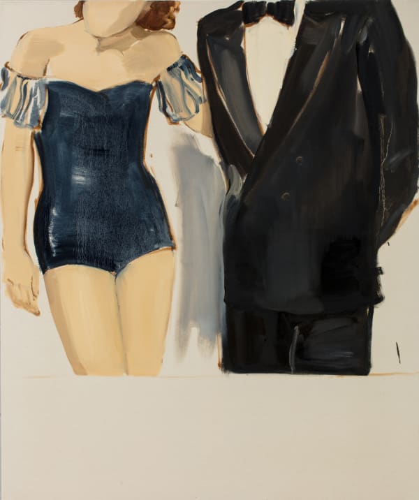 Faceless woman wearing blue undergarment with sleeves pats the back of man to her left wearing a tuxedo. The man’s face and both bodies below the knees are cropped out of the composition.