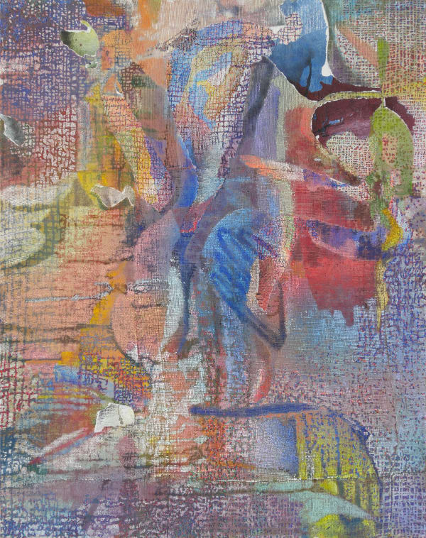 With a loose multicolored grid in the background, large abstract shapes in yellows, blues, reds and greens cover center of canvas.