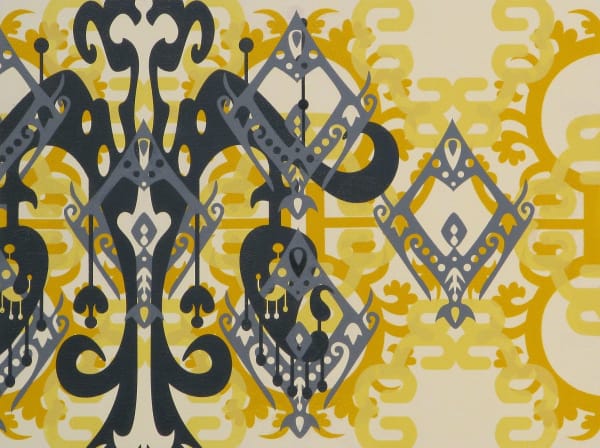 Black gray orange and yellow patterns overlap on a beige painted panel The patterns reference various vegetal patterns and are arranged in a combination of argyle and Indonesian ikat patterning
